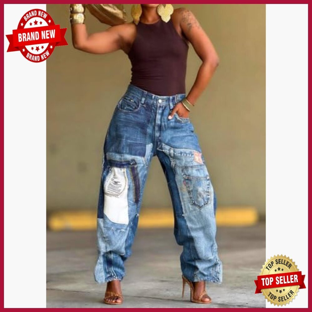 High Waist Baggy Barrel Wide Leg Cargo Jeans Stretch Vintage Y2K Boyfriend Pants - Picture 2 of 4